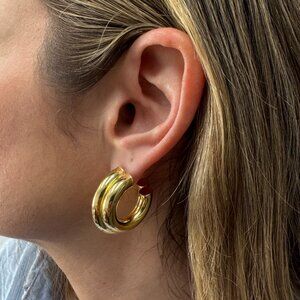 Double Hoop Chunky Gold Earrings - Textured 14K Gold Over Sterling Silver